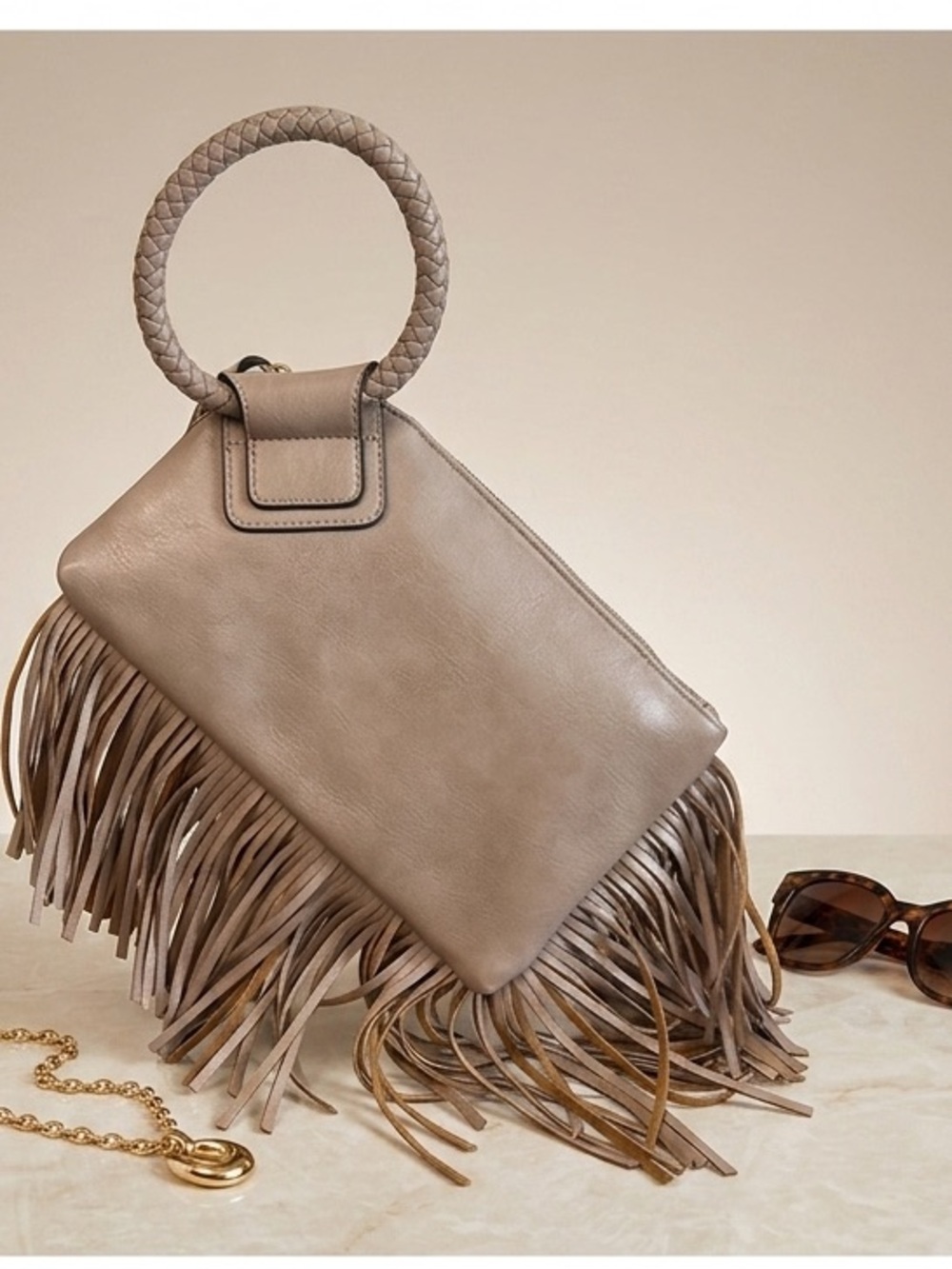 Taupe Fringe Clutch Bag